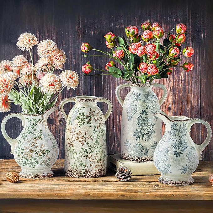 Enra Large Vintage Blue and White and Pitcher for Home Decor, 9.7 Inch Rustic Chinoiserie Decorative Vases, Green and Beige Ceramic Vases for Living Room, Kitchen, Office – Large Vases for Decor-VerdiqueGarden