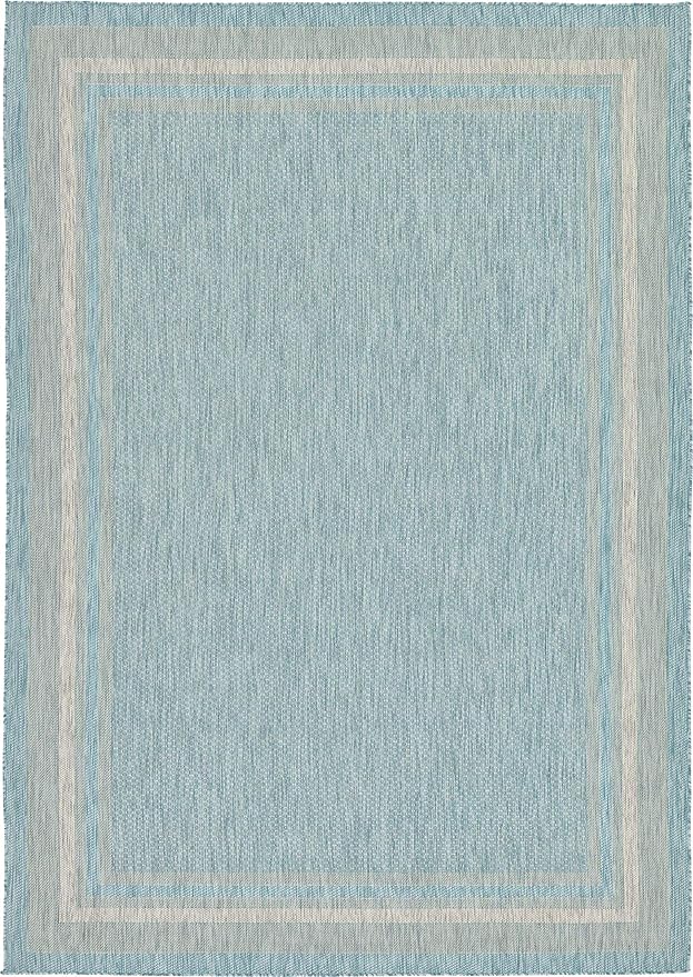 Unique Loom Outdoor Border Collection Area Rug - Soft Border (8' x 11' 4" Rectangle, Aquamarine/ Ivory)-VerdiqueGarden