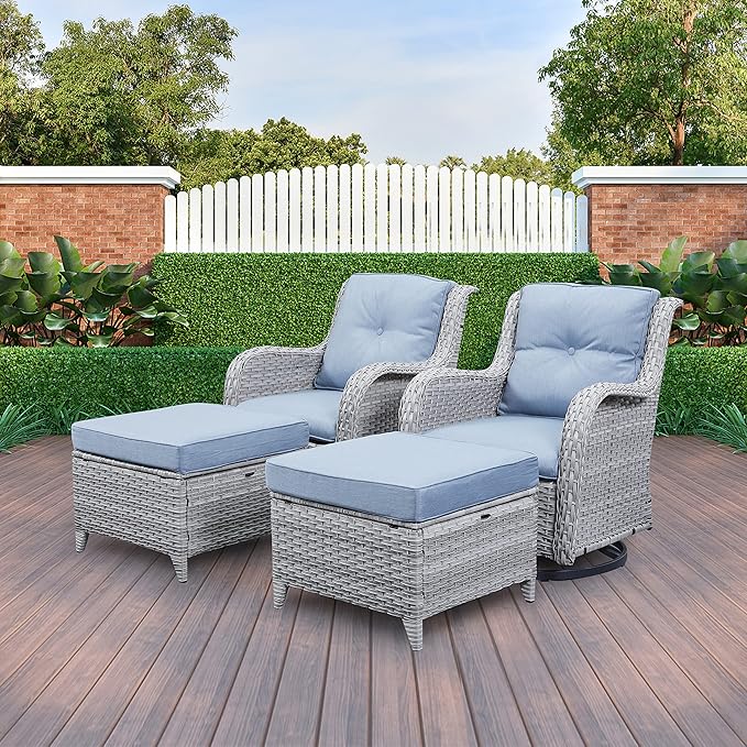5 Piece Outdoor Patio Furniture Set - Wicker Furniture Patio Conversation Set, Outdoor Swivel Rocker Chairs with 3-Seater Sofa and 2 Ottomans for Small Space, Baby Blue Cushion-VerdiqueGarden