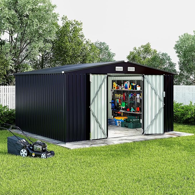 8x10 FT Metal Storage Sheds Outdoor with Floor, Metal Yard Sheds Garden Shed Kit, MetalTool Shed with Lockable Door, Metals UtilitySheds Buildings with Air Vent for Backyard Garden Patio Lawn-VerdiqueGarden