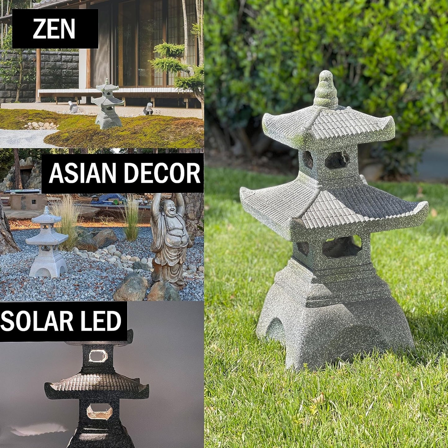Galt International 2 Tier Pagoda Garden Statue LED Solar Powered Light 26" Tall Outdoor Zen Garden Lantern Landscape Lawn Asian Pagoda Stupa Decor Grey Resin-VerdiqueGarden
