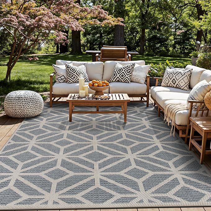 Rugshop Contemporary Geometric Design for Patio Rugs,Deck Rugs,Balcony Rugs Indoor/Outdoor Area Rug 5' x 7' Blue-VerdiqueGarden