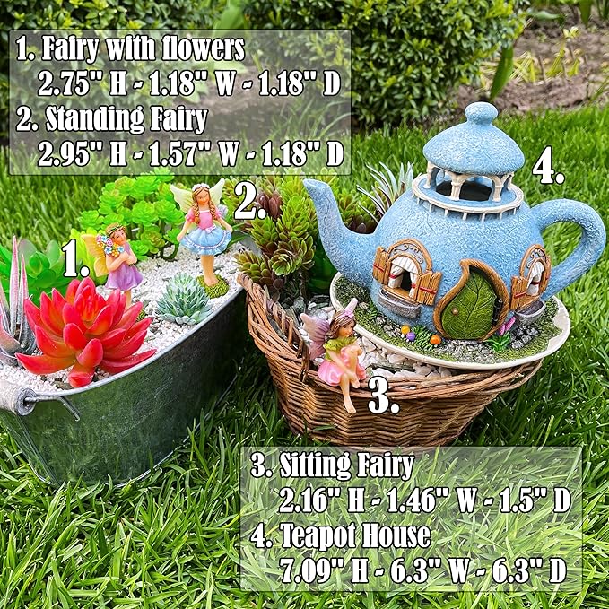 Mood Lab Fairy Garden Miniature Teapot House Kit - Figurines and Accessories Set of 4 pcs - 7.1 Inch Tall House-VerdiqueGarden