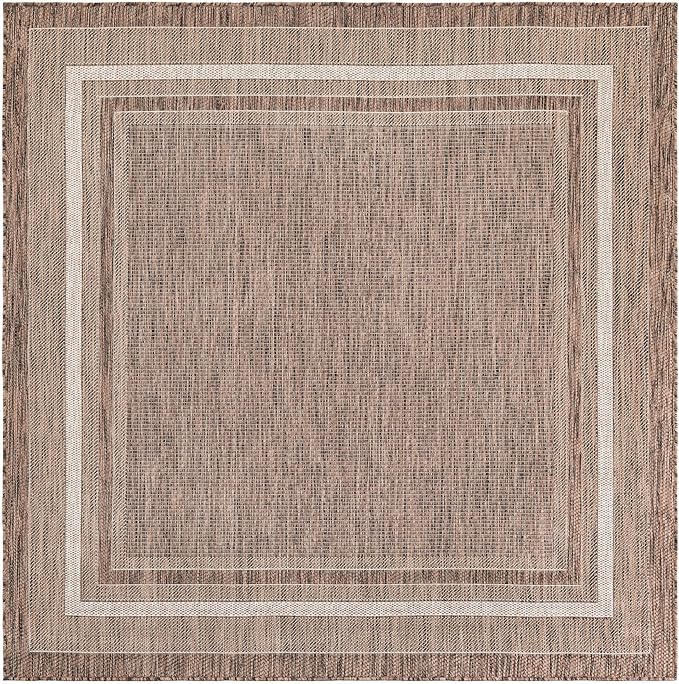 Unique Loom Outdoor Border Collection Area Rug - Soft Border (6' 1" Square Brown/Ivory)-VerdiqueGarden