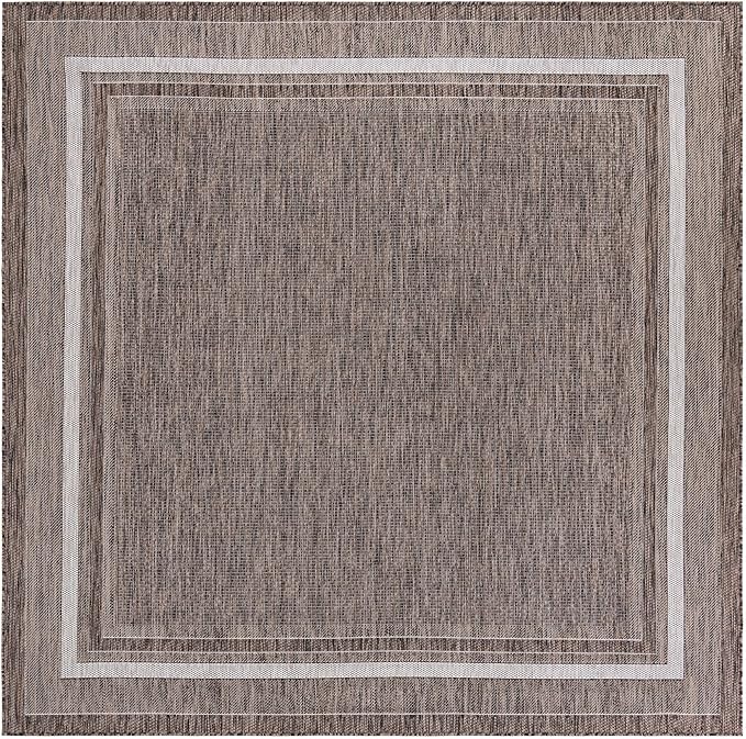 Unique Loom Outdoor Border Collection Area Rug - Soft Border (7' 10" Square Brown/Ivory)-VerdiqueGarden