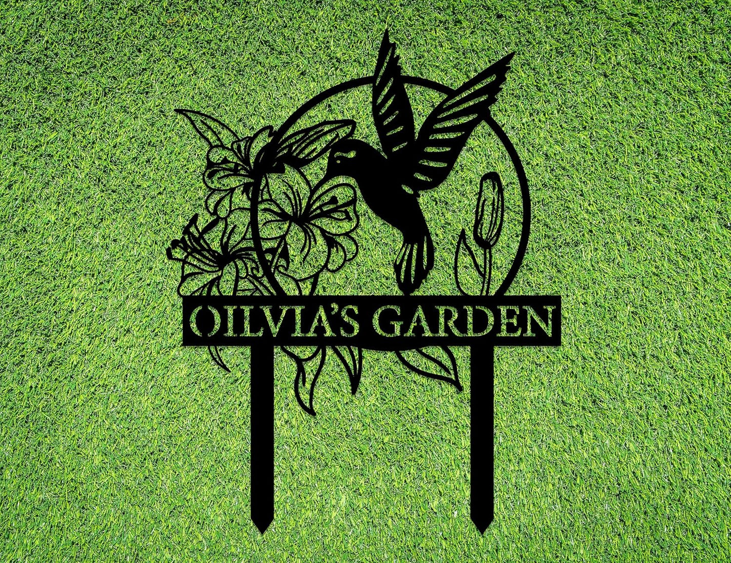Custom Hummingbird Metal Garden Decor, Personalized Bird with Stakes Garden Sign, Flower Design Personalized Garden Sign, Custom Garden Name Sign, Home Gift, Large Outdoor Decor, Patio Decor-VerdiqueGarden