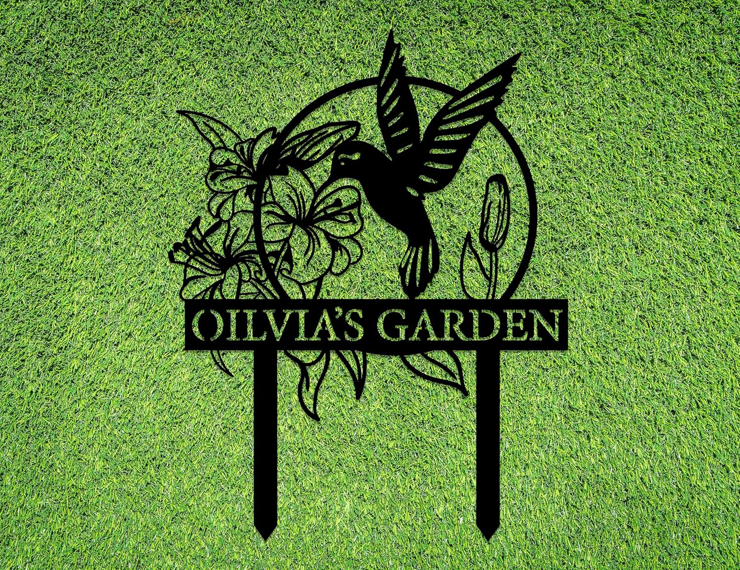Custom Hummingbird Metal Garden Decor, Personalized Bird with Stakes Garden Sign, Flower Design Personalized Garden Sign, Custom Garden Name Sign, Home Gift, Large Outdoor Decor, Patio Decor-VerdiqueGarden