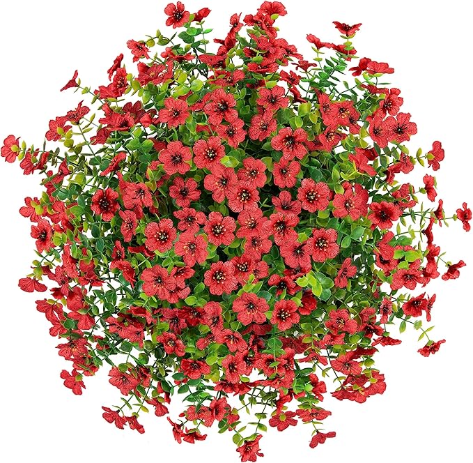 Artificial Fake Hanging Red Plants Flowers Basket for Outdoor Fall Winter Christmas, Faux Silk Daisy Mums Look Real UV Resistant for Outside Porch Home Patio Garden Yard Decoration-VerdiqueGarden