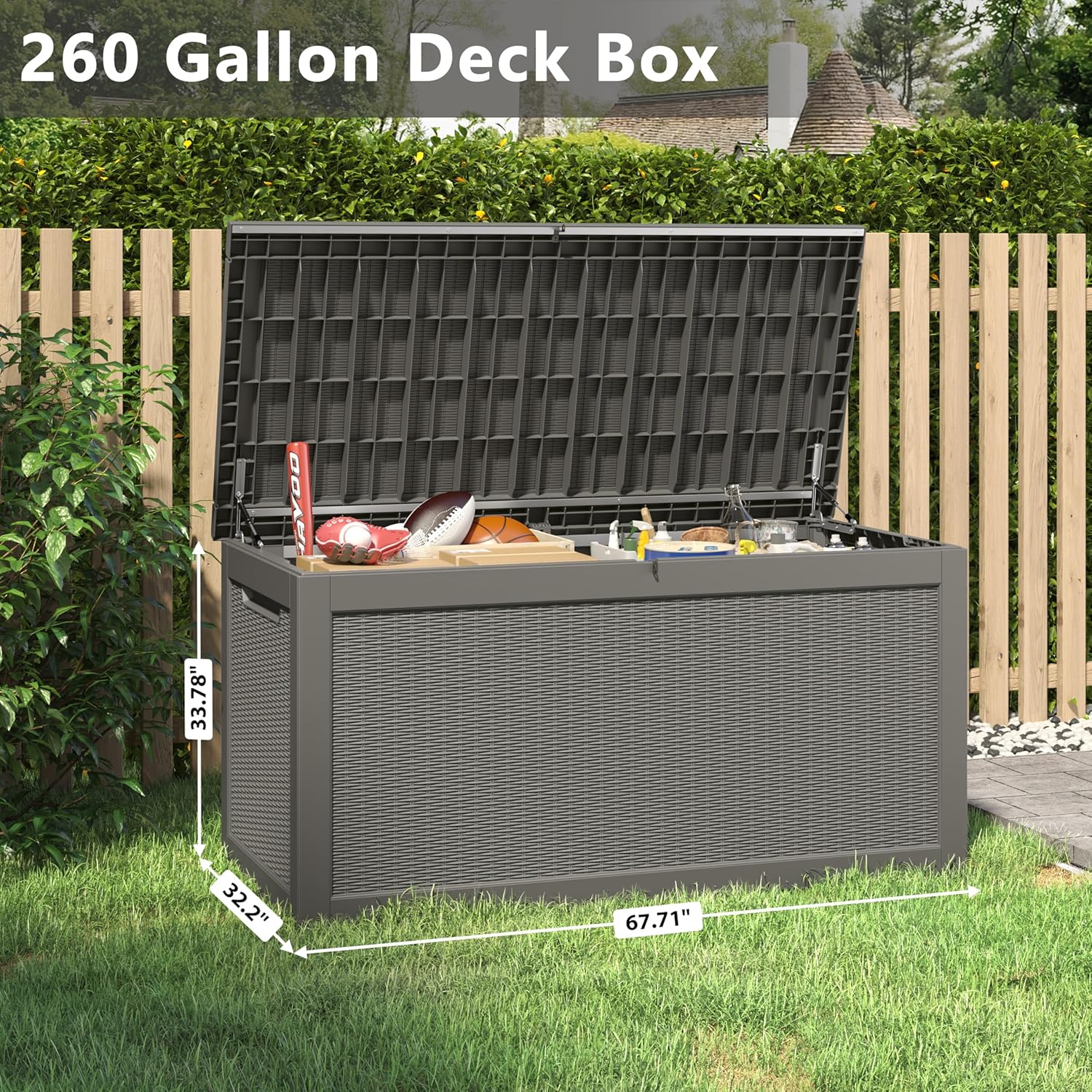 260 Gallon Resin Deck Box, Large Indoor and Outdoor Storage Box, Weatherproof and UV Resistant Outdoor Storage Box with Built-in Steel Beams for Patio Cushions, Pool Supplies-VerdiqueGarden