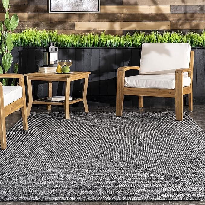 nuLOOM 3' x 5' Solid Hand Braided Indoor/Outdoor Area Rug, Pet-Friendly, High Traffic, Weather Resistant, for Patio, Balcony, Bedroom, Living, Dining Room, Wynn Charcoal-VerdiqueGarden