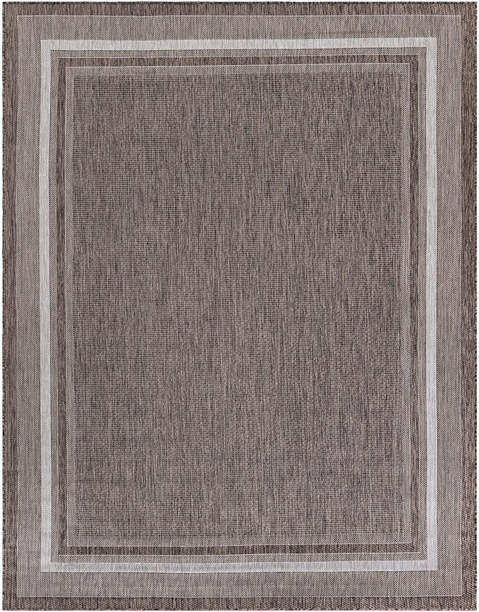 Unique Loom Outdoor Border Collection Area Rug - Soft Border (7' 10" x 10' Rectangle Brown/Ivory)-VerdiqueGarden