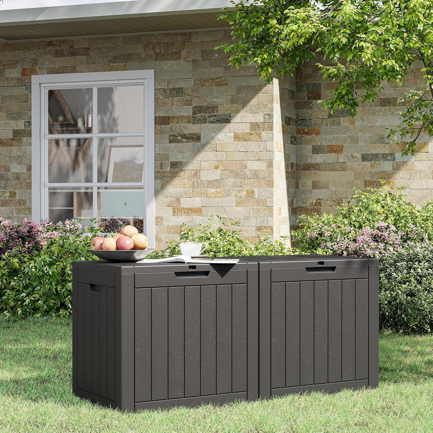 32 Gallon Deck Box Lockable Resin Indoor Outdoor Storage Box waterproof Outdoor Container for Patio Furniture, Pool Accessories, Cushions, Garden Tools, Sports Equipment-VerdiqueGarden