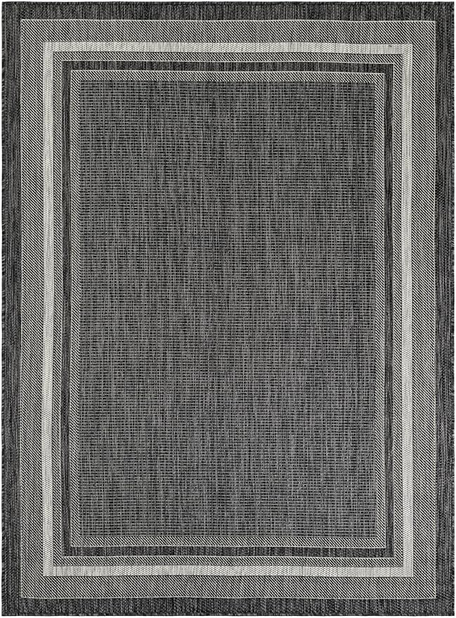 Unique Loom Outdoor Border Collection Area Rug - Soft Border (5' 3" x 7' 1" Rectangle Black/Ivory)-VerdiqueGarden