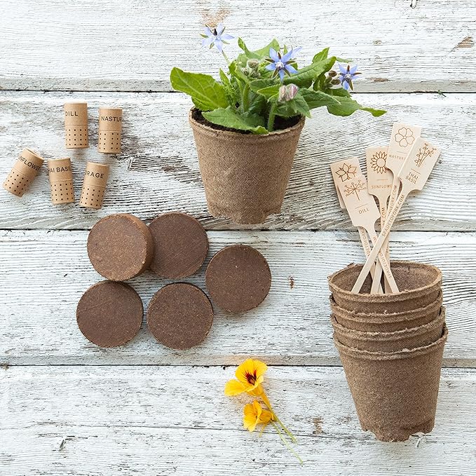 Organic Edible Flower Garden Seed Kit - 23pc Indoor Garden with Soil, Pots, Plant Markers, USDA Organic Non-GMO Seeds & Illustrated Instructions - Sunflower, Borage, Thai Basil, Dill, Nasturtium-VerdiqueGarden