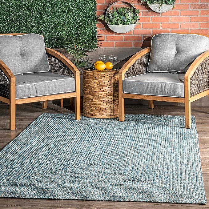 nuLOOM 8' x 10' Solid Hand Braided Indoor/Outdoor Area Rug, Pet-Friendly, High Traffic, Weather Resistant, for Patio, Balcony, Bedroom, Living Room, Dining Room, Wynn Aqua-VerdiqueGarden