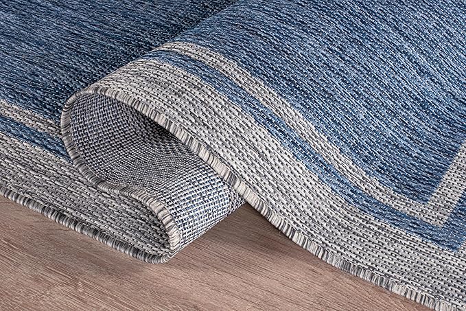 CAMILSON Outdoor Rug, 8x10 Bordered Navy Blue Gray Modern Area Rugs for Indoor and Outdoor Patios, Porches Waterproof Washable Porch Deck Outside Carpet (Bordered Navy, 8 x 10)-VerdiqueGarden