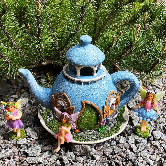 Mood Lab Fairy Garden Miniature Teapot House Kit - Figurines and Accessories Set of 4 pcs - 7.1 Inch Tall House-VerdiqueGarden