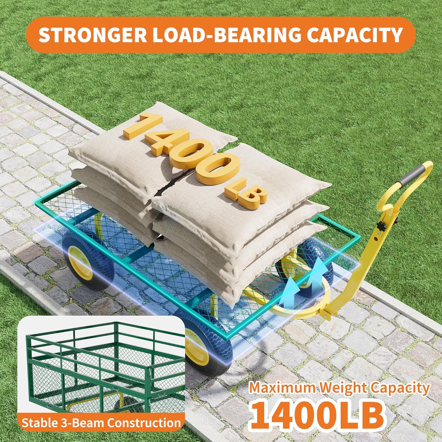 3-in-1 Heavy-Duty Steel Garden Cart, 1400 Lbs Garden Wagon, with 13 Inch All-Terrain Tires and Removable Mesh Side Panels, 180° Rotating Handle, Metal Multi-Function Carts, Outdoor Gardens Wagon Cart-VerdiqueGarden