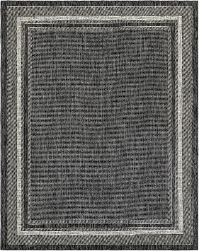 Unique Loom Outdoor Border Collection Area Rug - Soft Border (7' 10" x 10' Rectangle Black/Ivory)-VerdiqueGarden