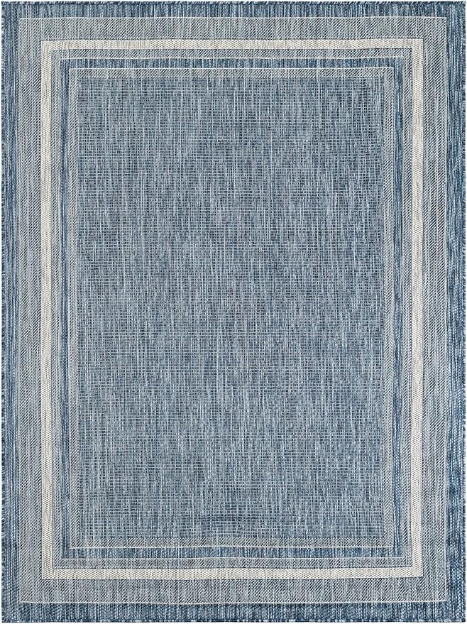 Unique Loom Outdoor Border Collection Area Rug - Soft Border (5' 3" x 7' 1" Rectangle Blue/Ivory)-VerdiqueGarden