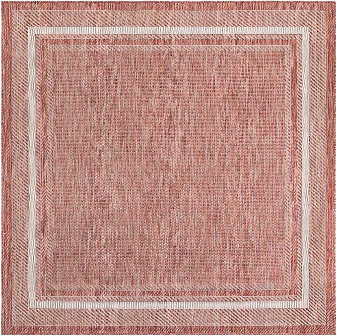 Unique Loom Outdoor Border Collection Area Rug - Soft Border (7' 10" Square Rust Red/Ivory)-VerdiqueGarden