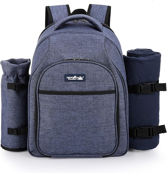 Apollo Walker Picnic Backpack Bag for 2 Person with Cooler Compartment, Detachable Bottle/Wine Holder, Fleece Blanket, Plates and Cutlery Set (2 Person, Navy)-VerdiqueGarden