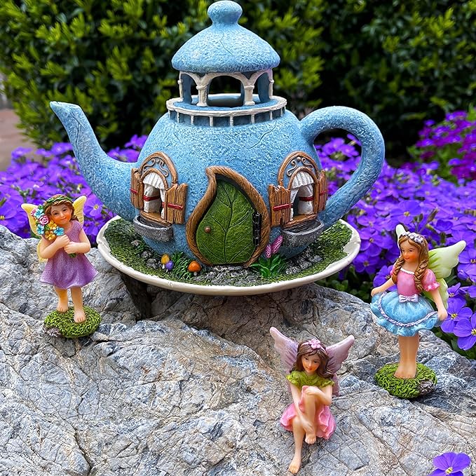 Mood Lab Fairy Garden Miniature Teapot House Kit - Figurines and Accessories Set of 4 pcs - 7.1 Inch Tall House-VerdiqueGarden