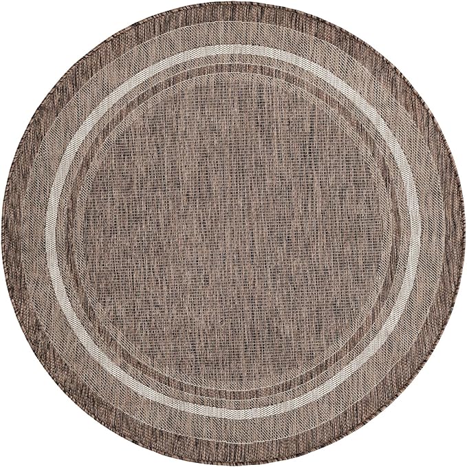 Unique Loom Outdoor Border Collection Area Rug - Soft Border (5' 3" Round Brown/Ivory)-VerdiqueGarden