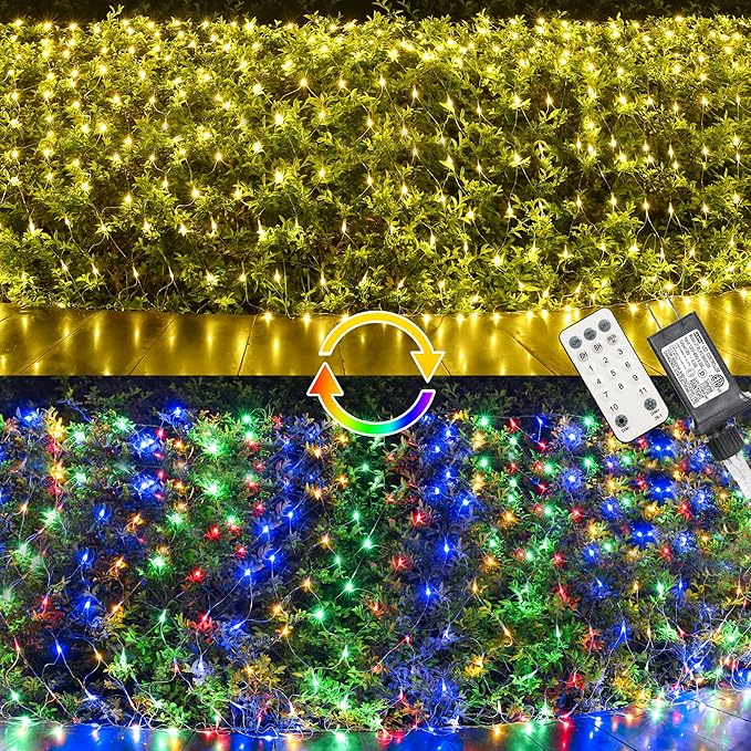 12ft x 5ft 360 LED Christmas Net Lights, 11 Modes 30V Christmas Net Lights, Warm White-Multi Color Changing Mesh Decorative Net Lights for Xmas Tree Bush Wedding Garden Outdoor Indoor Decor-VerdiqueGarden
