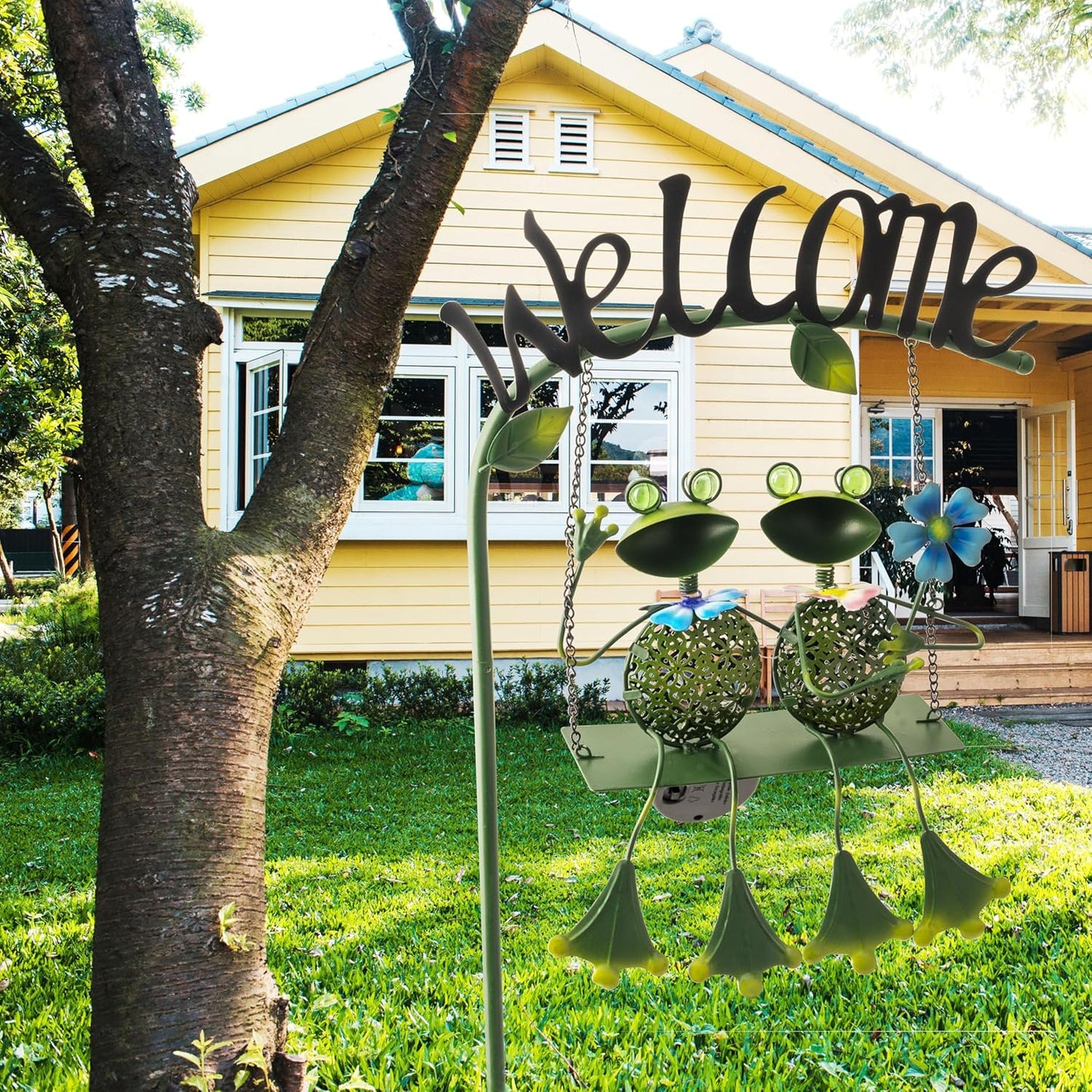 Frog Solar Light Garden Outdoor Decoration Swing Metal Stake Lamp with Welcome Sign Waterproof Patio Yard Decor Gifts-48 inch-VerdiqueGarden