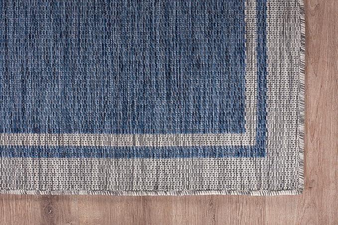 CAMILSON Outdoor Rug, 9x12 Bordered Navy Blue Gray Modern Large Area Rugs for Indoor and Outdoor Patios, Porches Waterproof Washable Porch Deck Outside Carpet (Bordered Navy, 9 x 12)-VerdiqueGarden