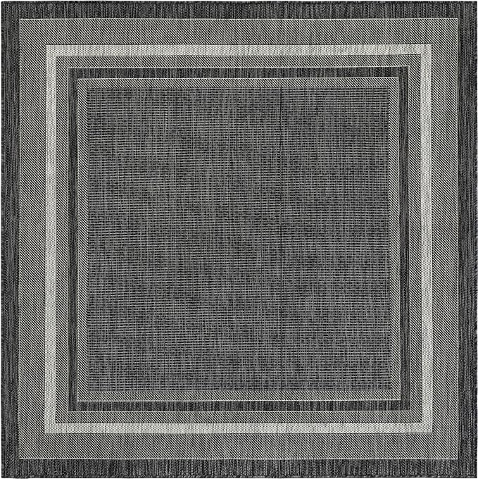 Unique Loom Outdoor Border Collection Area Rug - Soft Border (6' 1" Square Black/Ivory)-VerdiqueGarden