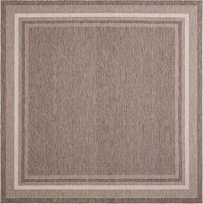 Unique Loom Outdoor Border Collection Area Rug - Soft Border (10' Square Brown/Ivory)-VerdiqueGarden