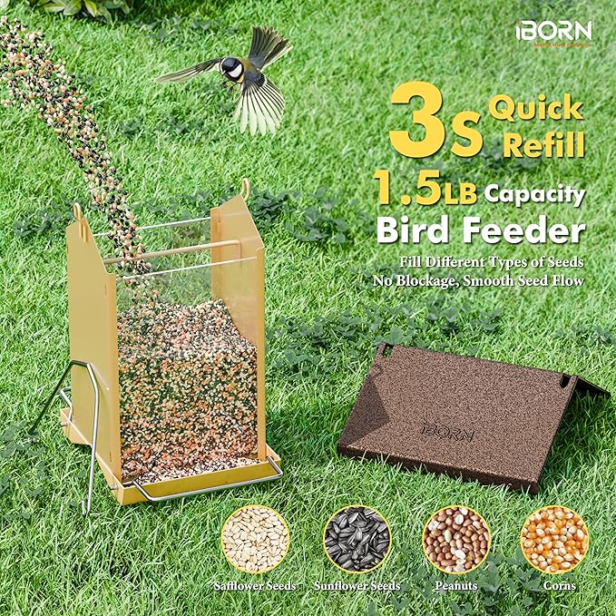 iBorn Bird Feeders for Outdoors,Bird House Feeder with Weatherproof Metal Roof & 8 Drain Holes,Fully Detachable Birdfeeder Design,Easy Clean & Refill,Chew-Proof PC Windows,1.5 Lbs Capacity,Coffee Roof-VerdiqueGarden