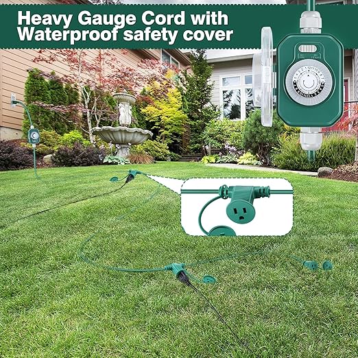 Feekoon 20 FT Extension Cord Splitter with Timer and 3 Outlet Plug, 16awg SJTW Outdoor Extension Cord with Multi Outlet Safety Cover for Holiday Lights Garden Patio Christmas Outdoor Decorations-VerdiqueGarden
