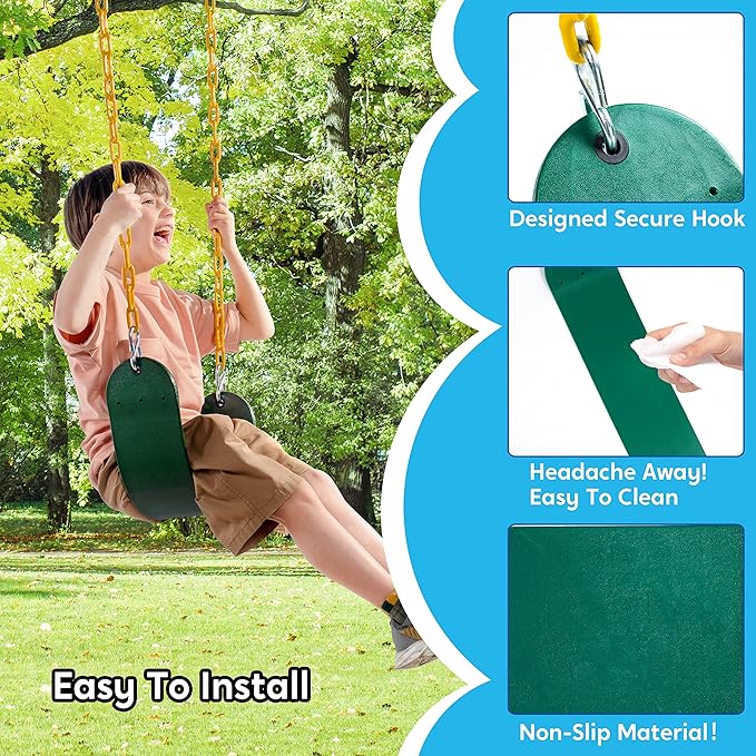 TURFEE 3 Pack Green Swing Seats Heavy Duty with 66" Chain, Swing Set Accessories Replacement with Snap Hooks for Kids Outdoor Play Playground, Trees, Backyard (Limit 300lb)-VerdiqueGarden
