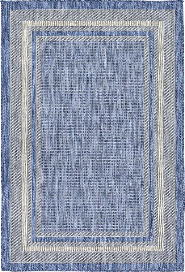 Unique Loom Outdoor Border Collection Area Rug - Soft Border (4' 1" x 6' 1" Rectangle, Blue/ Ivory)-VerdiqueGarden