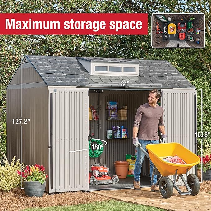 Rubbermaid Extra Large Resin Outdoor Storage Shed With Floor (7 x 10.5 Ft.) Weather Resistant Brown Organization for Home/Lawn Mower/Backyard Equipment/Bike Storage/Pool Supplies-VerdiqueGarden