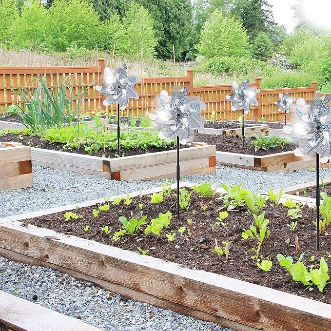 BATTIFE 12 Pack Pre-Assemble Sparkly Reflective Pinwheels | Silver Bird Blindness Pin Wheel | Scare Birds & Animals Away | Wind Spinner for Yard and Garden-VerdiqueGarden