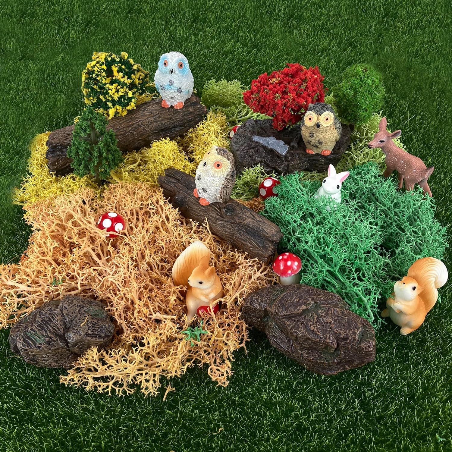36 Pcs Fairy Garden Accessories, Mini Resin Animals Figures, Artificial Tree Stumps and Fake Stone Rocks, Moss Bonsai Micro Landscape Ornaments Kit, Miniature Garden Kit, Terrarium Ornaments DIY Craft-VerdiqueGarden