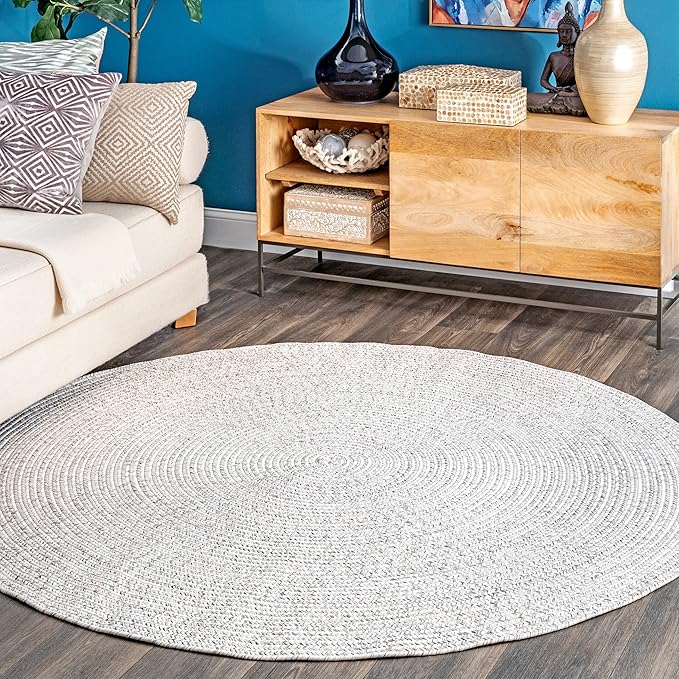 nuLOOM 8' Round Solid Hand Braided Indoor/Outdoor Area Rug, Pet-Friendly, High Traffic, Weather Resistant, for Patio, Balcony, Bedroom, Living, Dining Room, Wynn Ivory-VerdiqueGarden