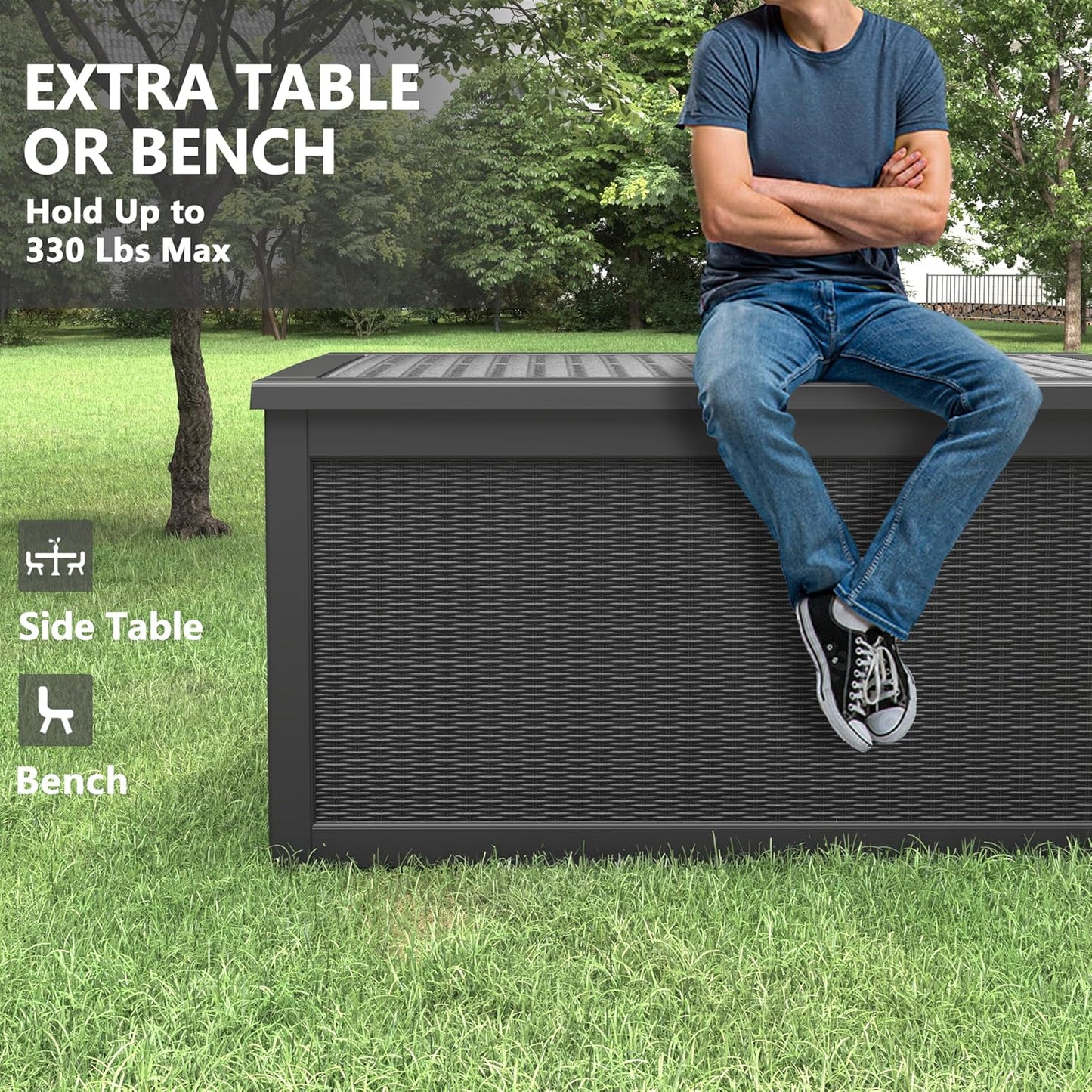 260 Gallon Resin Deck Box, Large Indoor and Outdoor Storage Box, Weatherproof and UV Resistant Outdoor Storage Box with Built-in Steel Beams for Patio Cushions, Pool Supplies-VerdiqueGarden