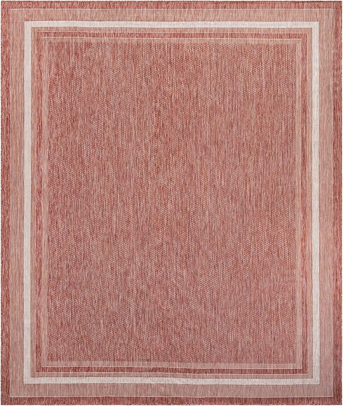 Unique Loom Outdoor Border Collection Area Rug - Soft Border (10' x 13' 1" Rectangle Rust Red/Ivory)-VerdiqueGarden