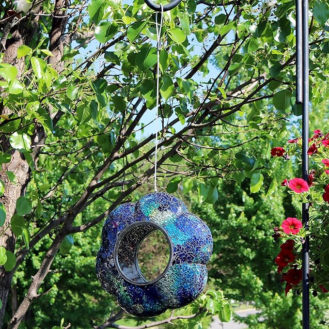 Sunnydaze 10-Inch Glass Mosaic Hanging Bird Feeder for Outdoors - Fly-Through Wild Bird Feeder - Indigo Flower Mosaic-VerdiqueGarden