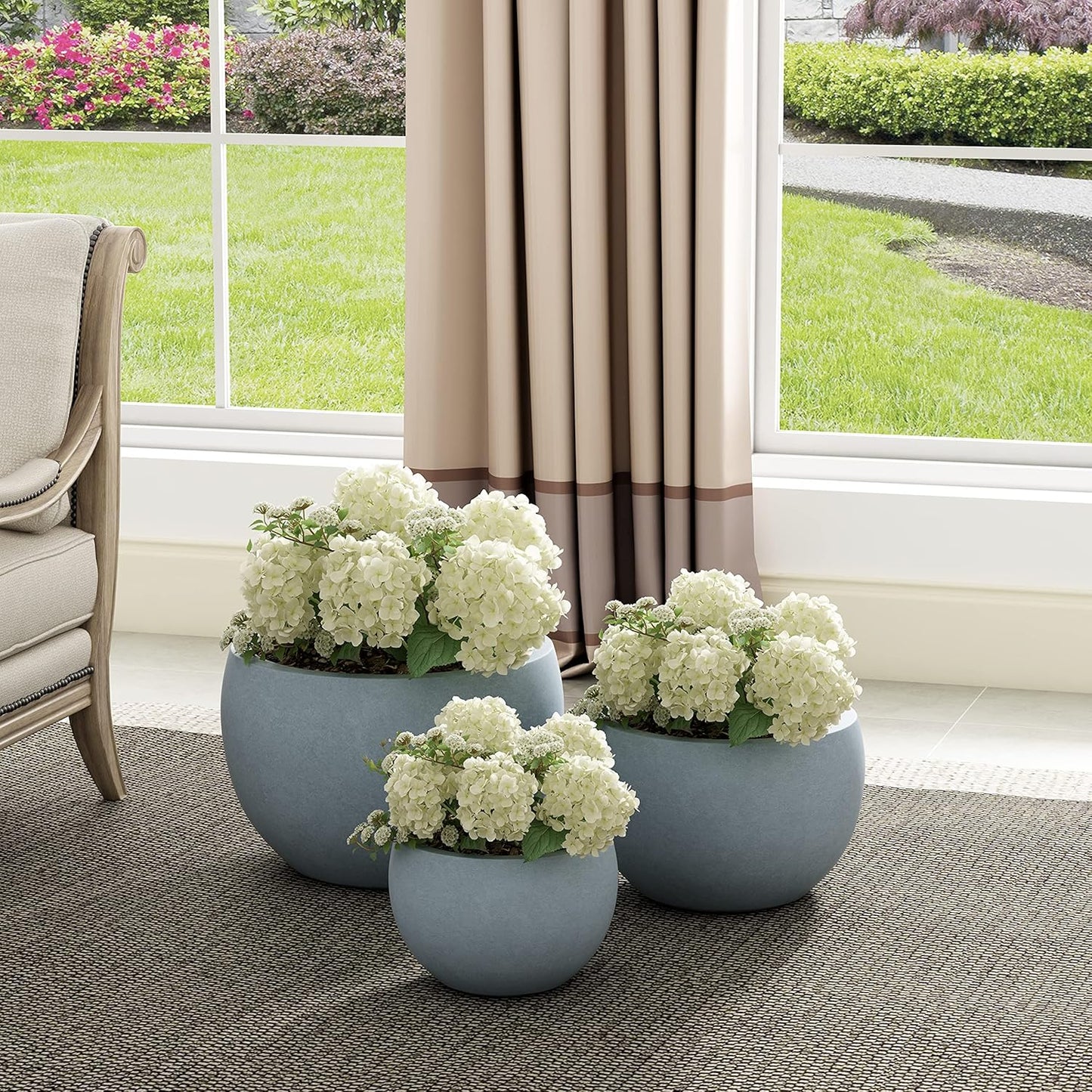 Kante 19.9",15.7",11.8" Dia Round Concrete Planter Set of 3, Outdoor/Indoor Large Bowl Plant Pots with Drainage Hole and Rubber Plug for Garden Patio Balcony Home, Gray-VerdiqueGarden