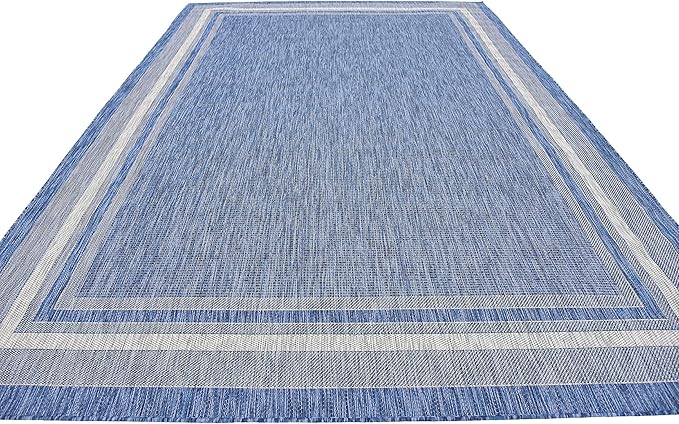Unique Loom Outdoor Border Collection Area Rug - Soft Border (8' x 11' 4" Rectangle, Blue/ Ivory)-VerdiqueGarden
