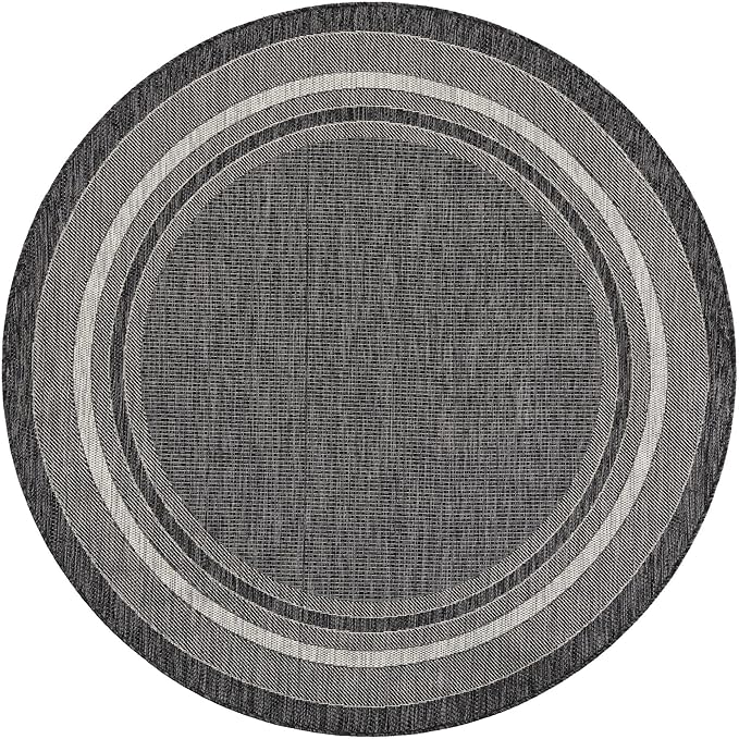 Unique Loom Outdoor Border Collection Area Rug - Soft Border (6' 1" Round Black/Ivory)-VerdiqueGarden