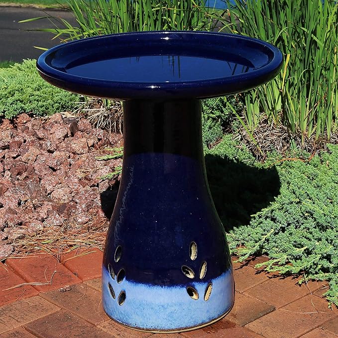Sunnydaze 21" H Ceramic Bird Bath for Outside - Hand-Painted Outdoor Bird Bath Bowl, UV/Frost-Resistant Finish - Dark Blue - Cut Out Pedestal-VerdiqueGarden