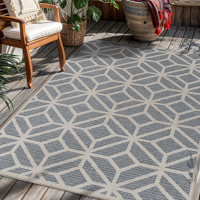 Rugshop Contemporary Geometric Design for Patio Rugs,Deck Rugs,Balcony Rugs Indoor/Outdoor Area Rug 5' x 7' Blue-VerdiqueGarden