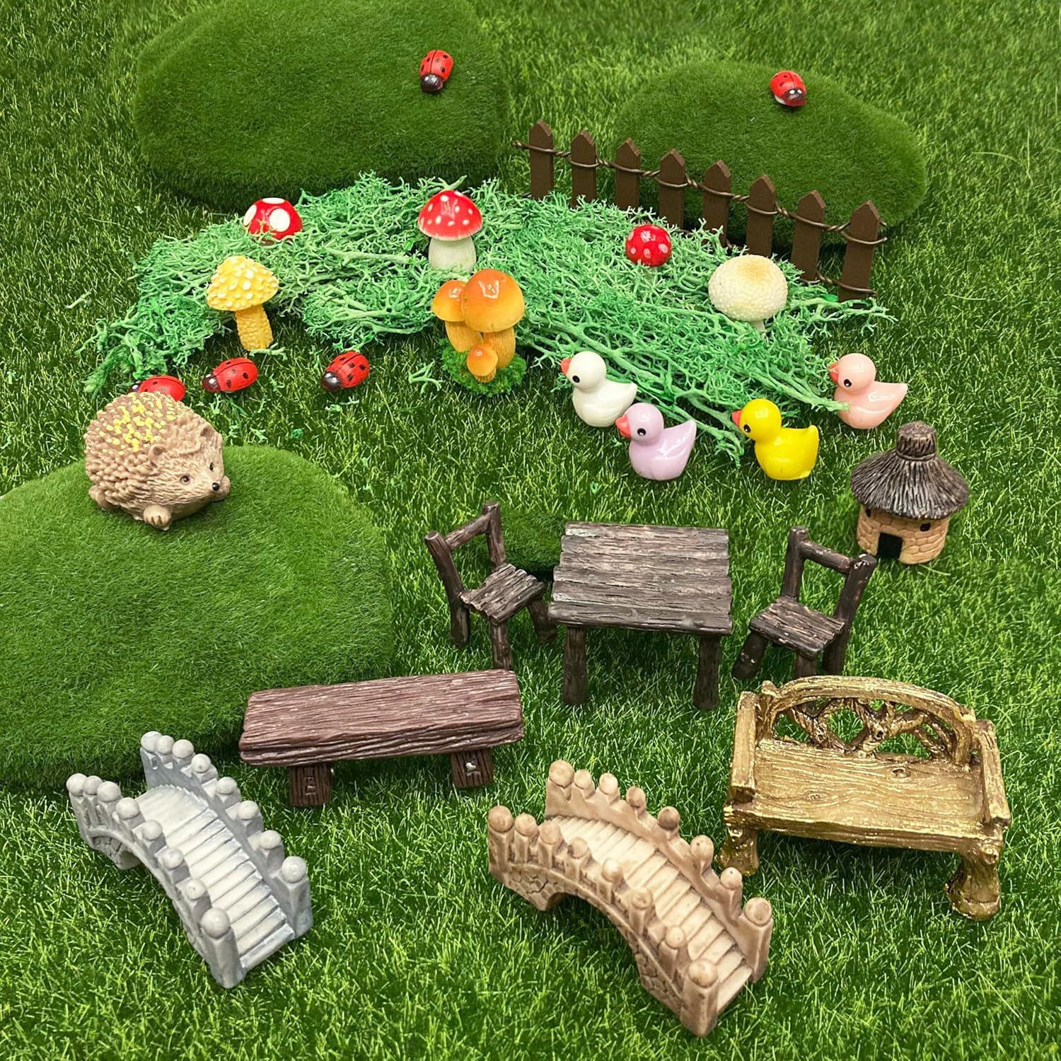 56 Pcs Fairy Garden Accessories, Mini Resin Animals Figures, Miniature Table and Chairs, Moss Bonsai Micro Landscape Ornaments Kit, Miniature Garden Kit, Terrarium Ornaments DIY Craft-VerdiqueGarden